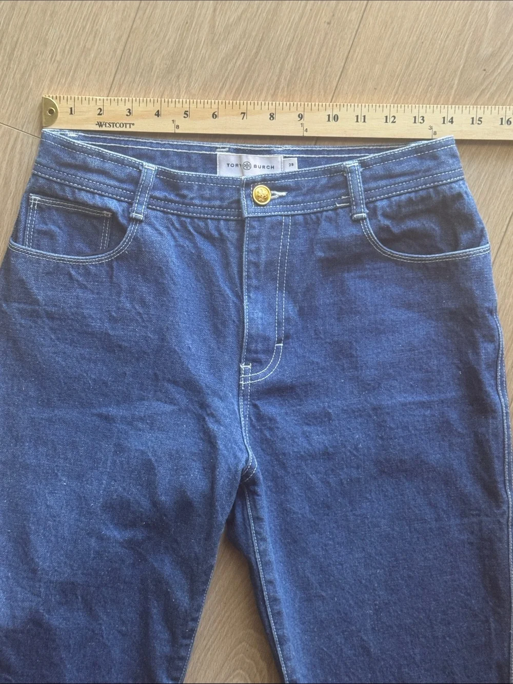 Tory Burch Cropped Straight Leg Denim Jeans Embroidered Pockets Size 29